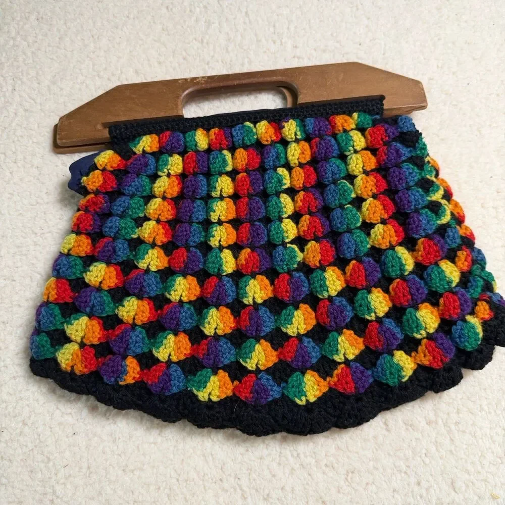 RETRO FUNKY 60s/70s style Rainbow Knitted/Knitting Bag With Wooden Handles